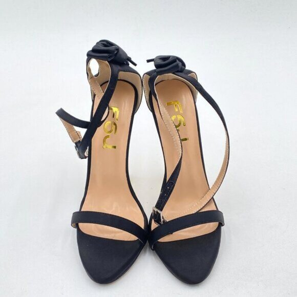 FSJ Black Bows Gold Metal Chain Chunky High Heels Ankle Strap Open Toe Sandals - Picture 3 of 8